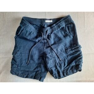 CUBAVERA Men Medium Navy Blue Cargo Shorts Elastic Waist Drawstring  Pure Linen